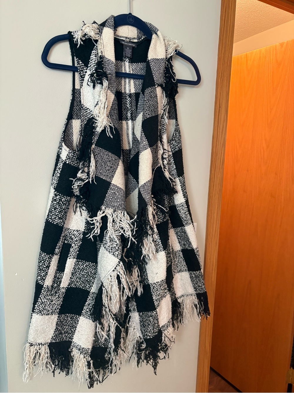 Chelsea & Theodore Black and White Buffalo Check Fringe Vest